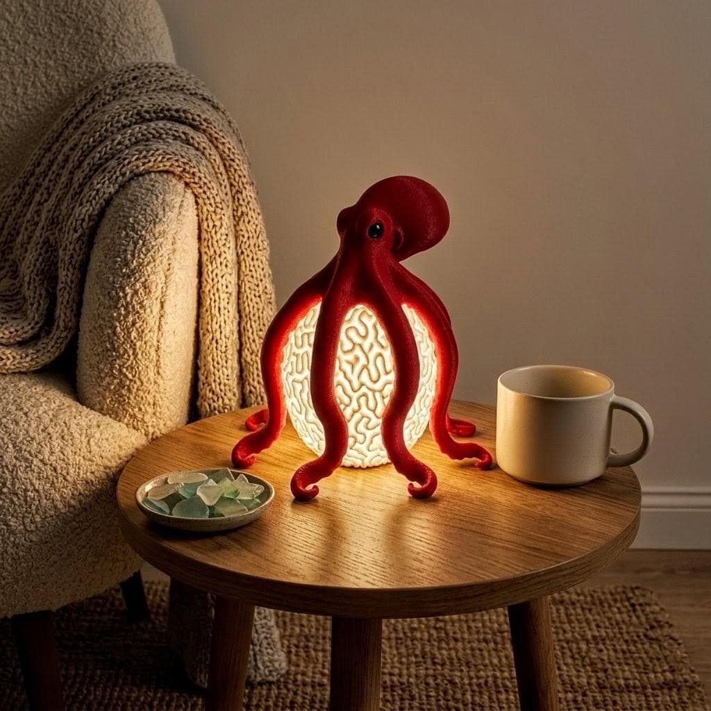A red octopus lamp glowing on a wooden side table